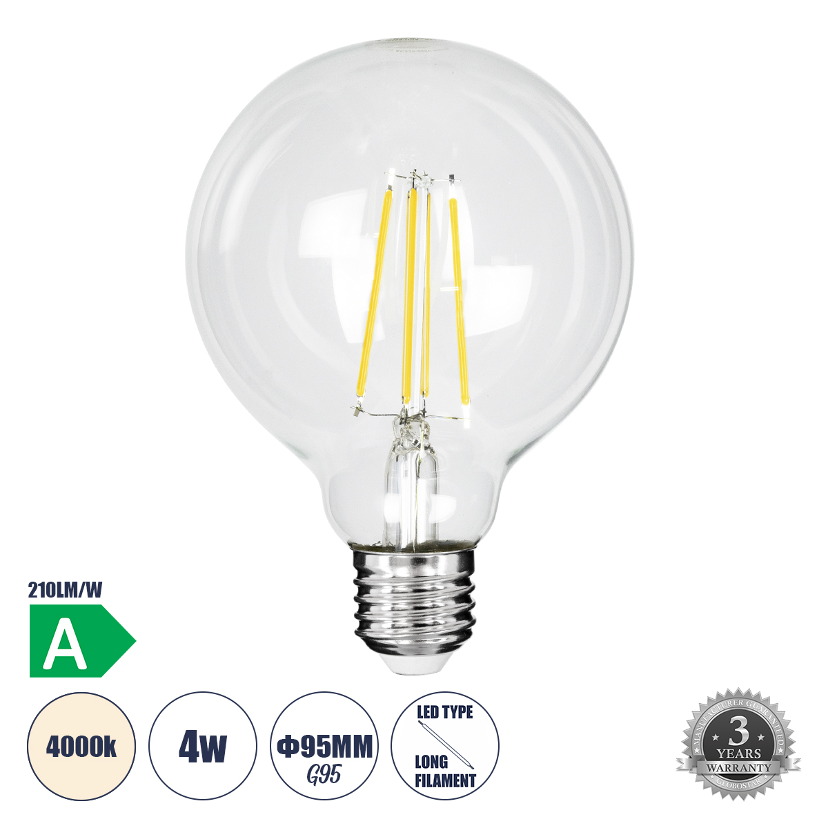 Glint® Λάμπα Led Long Filament E27 G95 Γλόμπος 4W 840Lm 360° Ac 220-240V Ip20 Φ9.5 X Υ13.8Cm Φυσικό Λευκό 4000K Με Διάφανο Γυαλί - Pro Series 210Lm/W - A Ενεργειακή Κλάση