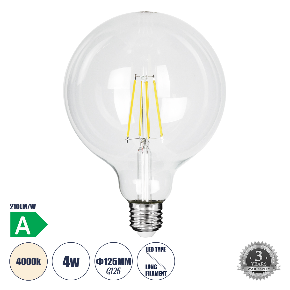 Glint® Λάμπα Led Long Filament E27 G125 Γλόμπος 4W 840Lm 360° Ac 220-240V Ip20 Φ12.5 X Υ13.8Cm Φυσικό Λευκό 4000K Με Διάφανο Γυαλί - Pro Series 210Lm/W - A Ενεργειακή Κλάση