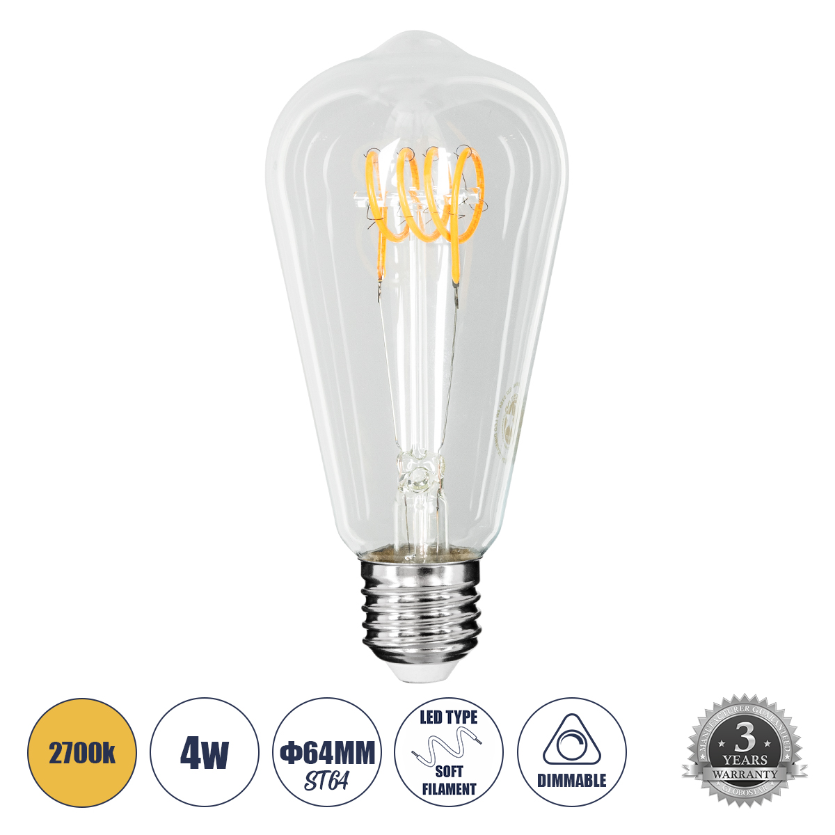 Glint® Λάμπα Led Soft T Spiral Filament E27 St64 Αχλάδι 4W 300Lm 360° Ac 220-240V Ip20 Φ6.4 X Υ14Cm Θερμό Λευκό 2700K Με Διάφανο Γυαλί Dimmable