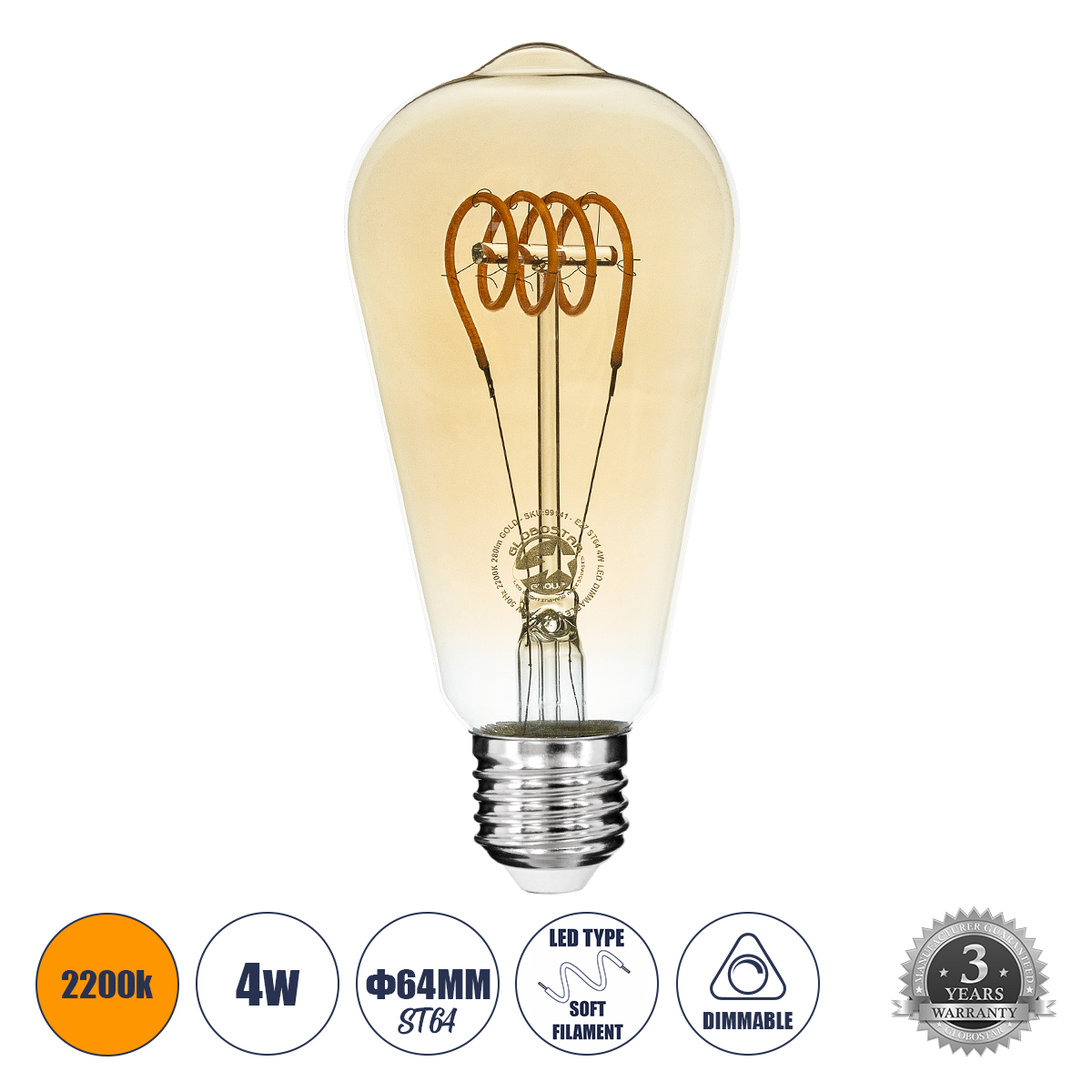 Glint® Λάμπα Led Soft T Spiral Filament E27 St64 Αχλάδι 4W 280Lm 360° Ac 220-240V Ip20 Φ6.4 X Υ14Cm Ultra Θερμό Λευκό 2200K Με Μελί Γυαλί Dimmable