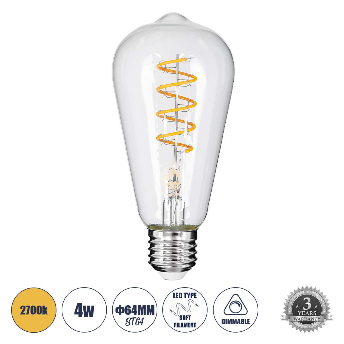 Glint® Λάμπα Led Soft S Spiral Filament E27 St64 Αχλάδι 4W 300Lm 360° Ac 220-240V Ip20 Φ6.4 X Υ14Cm Θερμό Λευκό 2700K Με Διάφανο Γυαλί - Dimmable