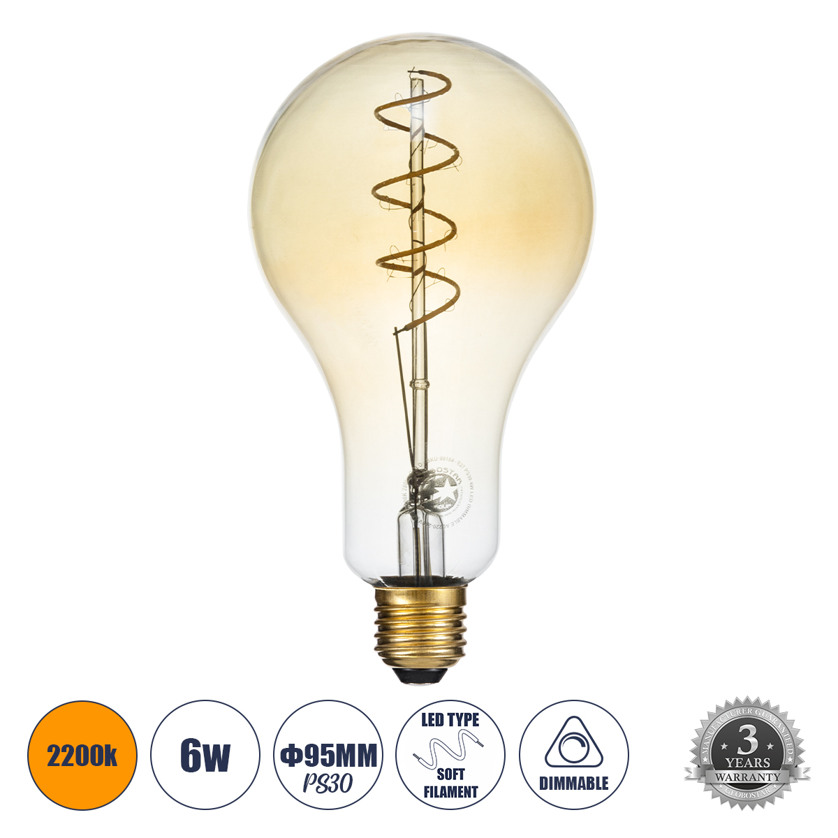 Glint® Λάμπα Led Soft S Spiral Filament E27 Ps30 Cherry Γλόμπος 4W 280Lm 360° Ac 220-240V Ip20 Φ9.5 X Υ13.4Cm Ultra Θερμό Λευκό 2200K Με Μελί Γυαλί Dimmable