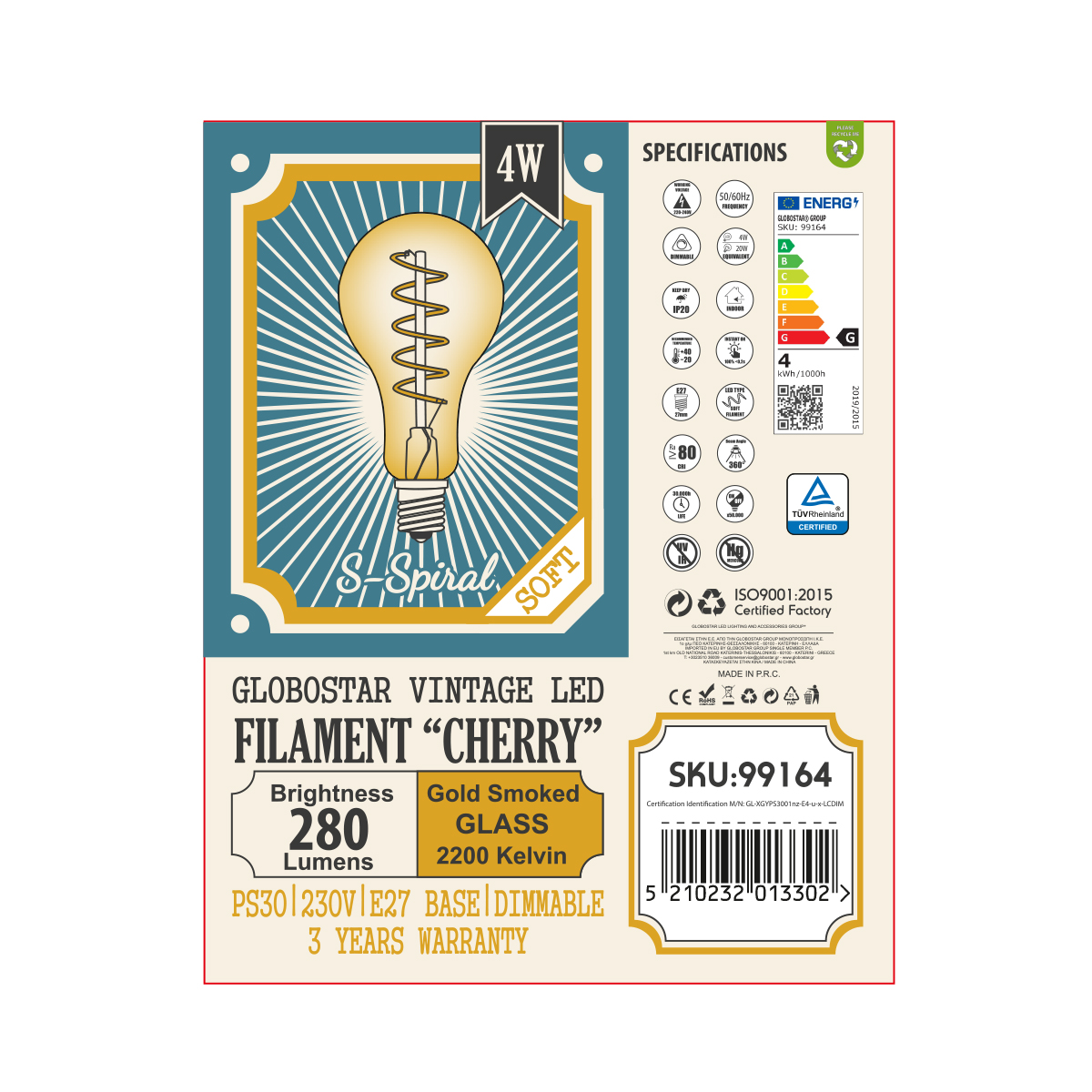 Glint® Λάμπα Led Soft S Spiral Filament E27 Ps30 Cherry Γλόμπος 4W 280Lm 360° Ac 220-240V Ip20 Φ9.5 X Υ13.4Cm Ultra Θερμό Λευκό 2200K Με Μελί Γυαλί Dimmable