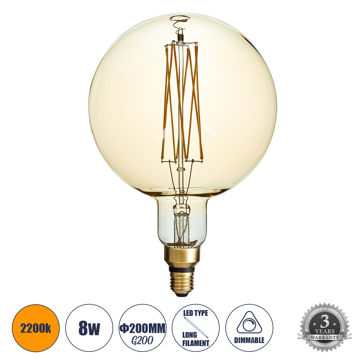 Glint® Λάμπα Led Long Filament E27 G200 Pitayas Γλόμπος 8W 720Lm 360° Ac 220-240V Ip20 Φ20 X Υ30Cm Ultra Θερμό Λευκό 2200K Με Μελί Γυαλί - Dimmable