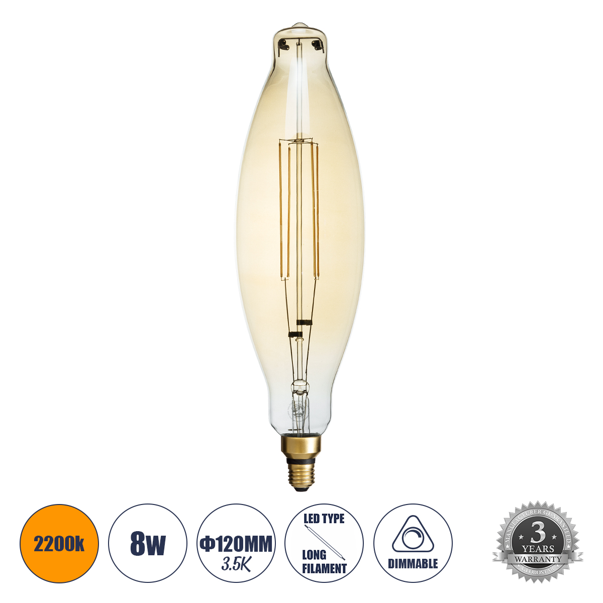 Glint® Λάμπα Led Long Filament E27 3.5K Avocados Γλόμπος 8W 650Lm 360° Ac 220-240V Ip20 Φ12 X Υ44Cm Ultra Θερμό Λευκό 2200K Με Μελί Γυαλί Dimmable