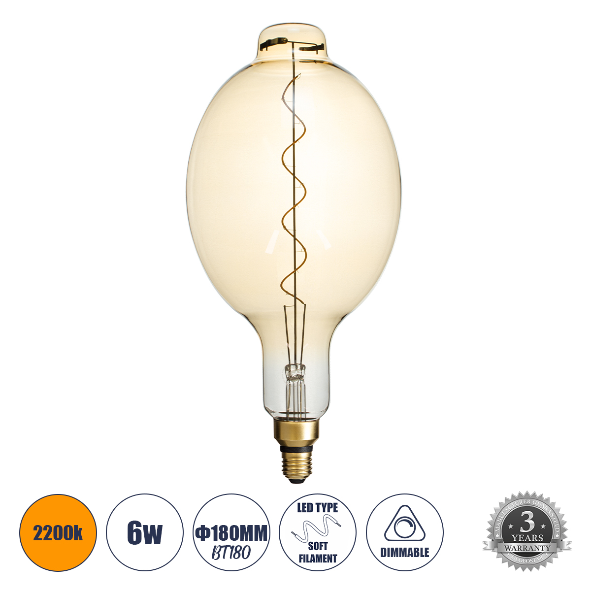 Glint® Λάμπα Led Soft S Spiral Filament E27 Bt180 Mangos Γλόμπος 6W 420Lm 360° Ac 220-240V Ip20 Φ18 X Υ39Cm Ultra Θερμό Λευκό 2200K Με Μελί Γυαλί - Dimmable