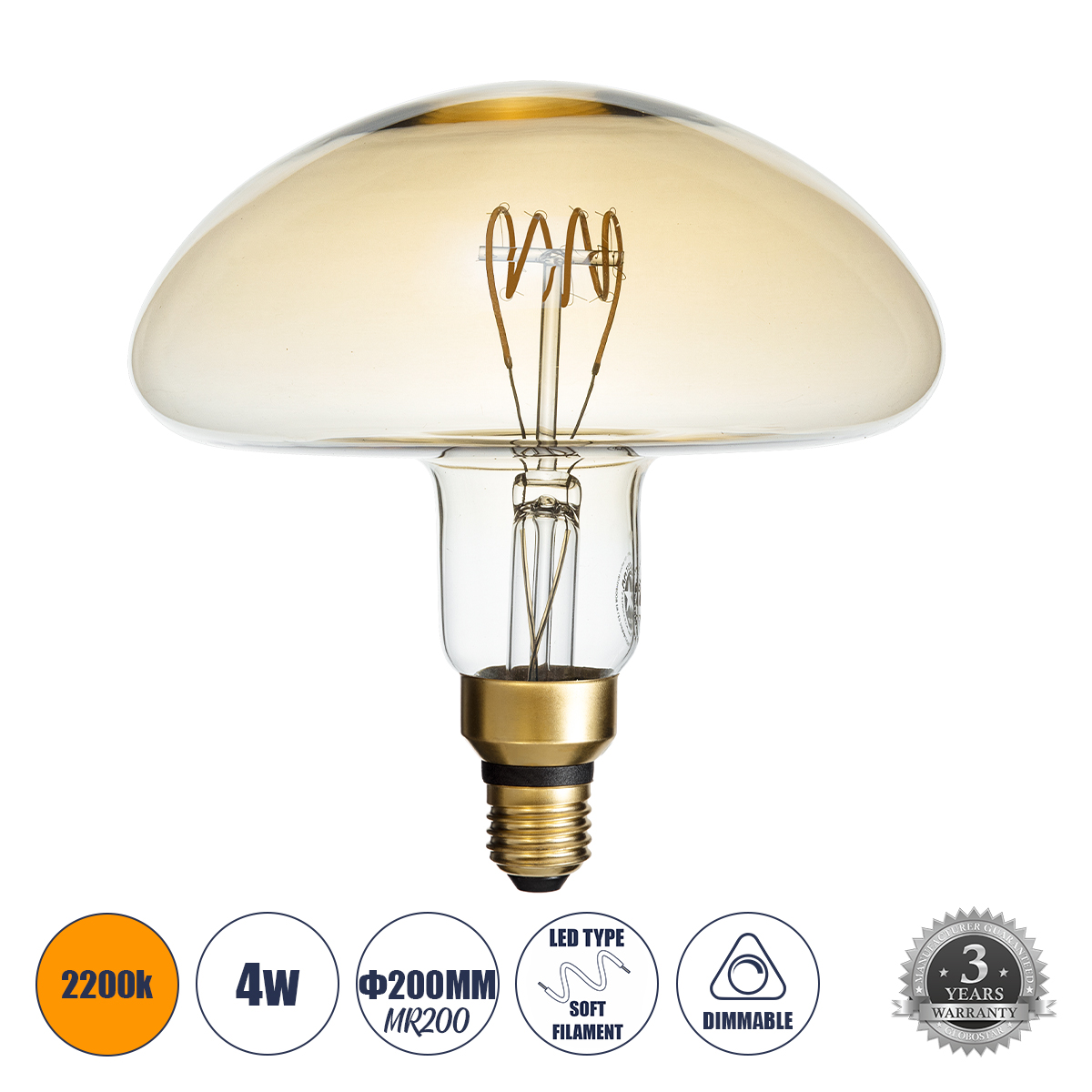 Glint® Filament E27 Λάμπα Led Mr200 Mushroom 4W 280Lm Ultra Θερμό Λευκό 2200K με Μελί Γυαλί Dimmable Φ20 X Υ20Cm