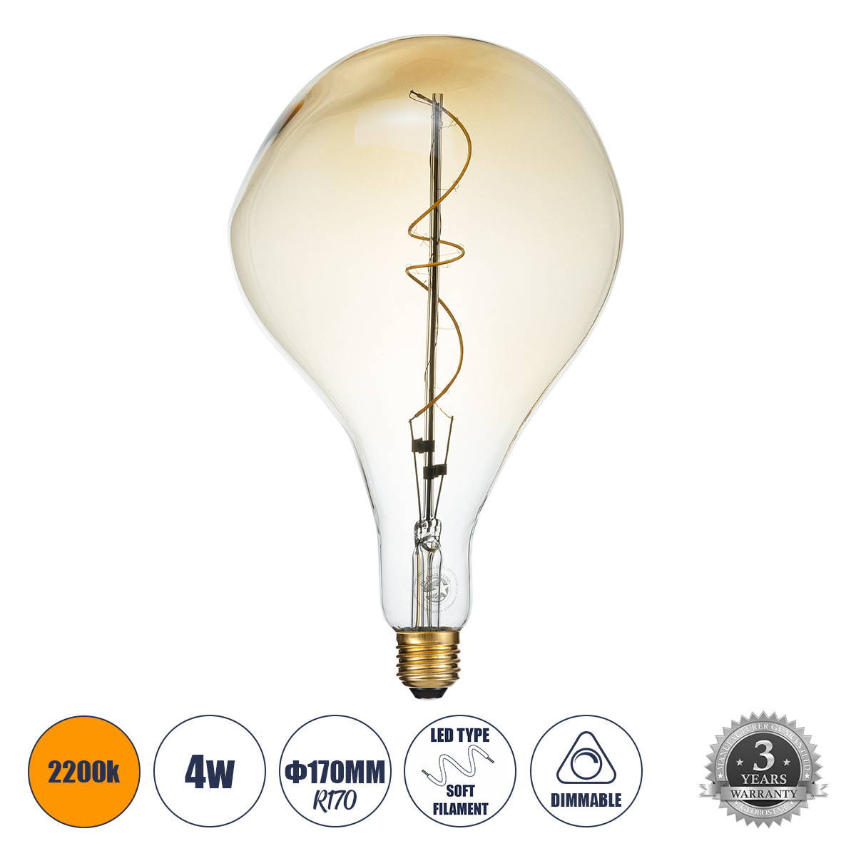 Glint® Λάμπα Led Soft S Spiral Filament E27 R170 Rock Γλόμπος 4W 280Lm 360° Ac 220-240V Ip20 Φ16.5 X Υ28Cm Ultra Θερμό Λευκό 2200K Με Μελί Γυαλί Dimmable