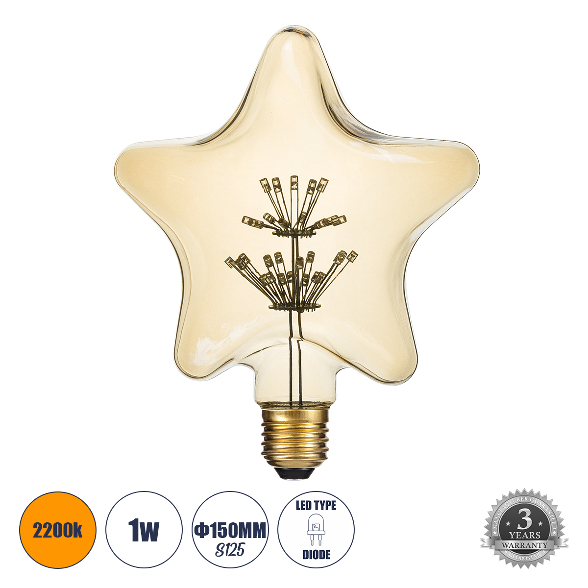 Glint® Λάμπα Led Mtx Diode Hp E27 S125 Star Γλόμπος 1W 70Lm 360° Ac 220-240V Ip20 Μ15 X Π6 X Υ16Cm Ultra Θερμό Λευκό 2200K Με Μελί Γυαλί