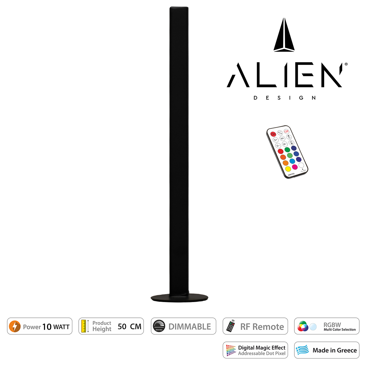 Glint® Alien Design Diva  Minimal Nordic Μεταλλικό Φωτιστικό Επιτραπέζιο - Πορτατίφ - Λαμπατέρ Μαύρο Led 10W 1500Lm Με Ασύρματο Χειριστήριο Rf & Dimmer Ip20 Πολύχρωμο Rgbw Ψηφιακή Με Τρεχούμενα Εφέ  Μ3 X Π1.6 X Υ50Cm