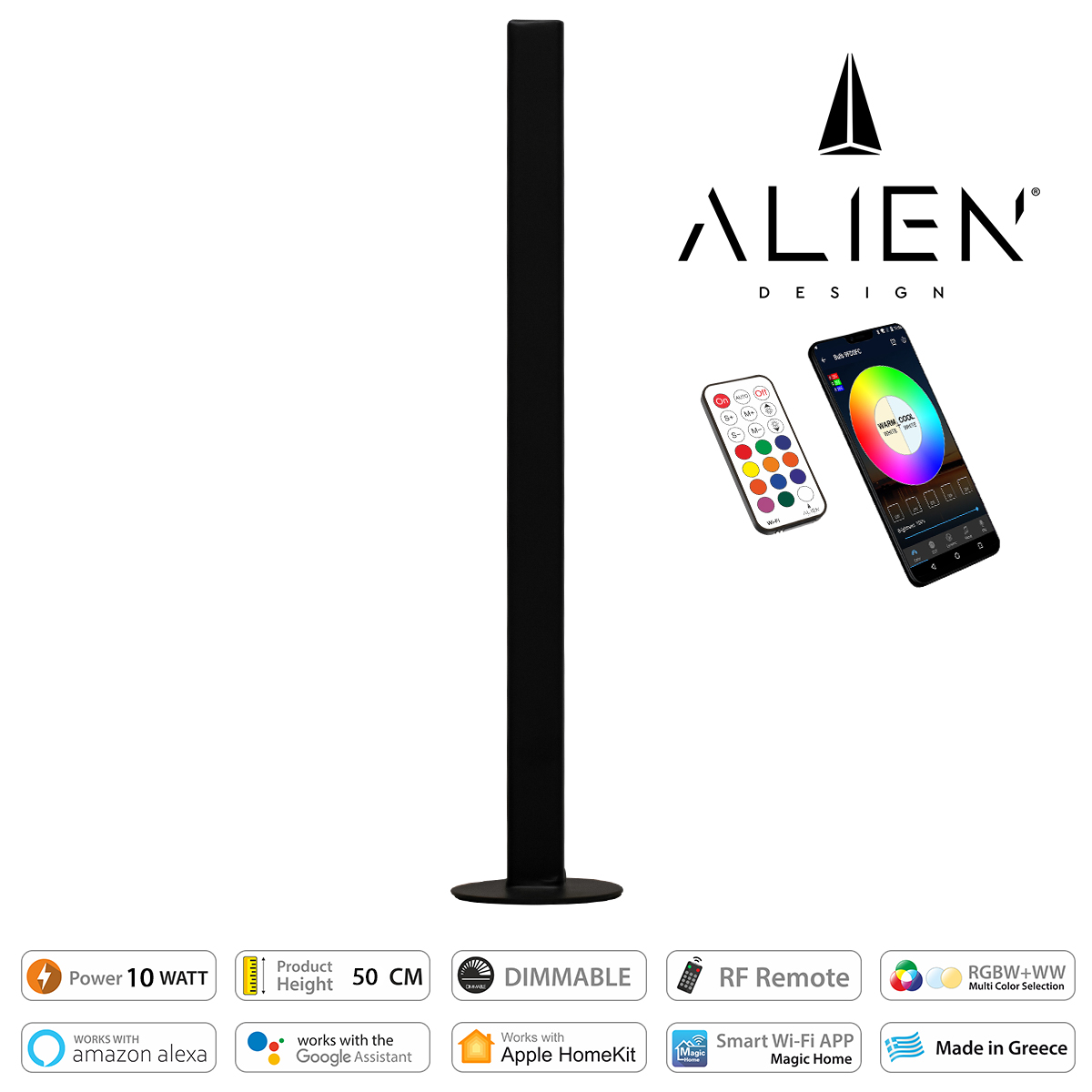 Glint® Alien Design Diva  Minimal Nordic Μεταλλικό Φωτιστικό Επιτραπέζιο - Πορτατίφ - Λαμπατέρ Μαύρο Led 10W 1500Lm Με Ασύρματο Χειριστήριο Rf & Dimmer Ip20 Πολύχρωμο Rgbw + Ww Smart Home Wi-Fi Μ3 X Π1.6 X Υ50Cm