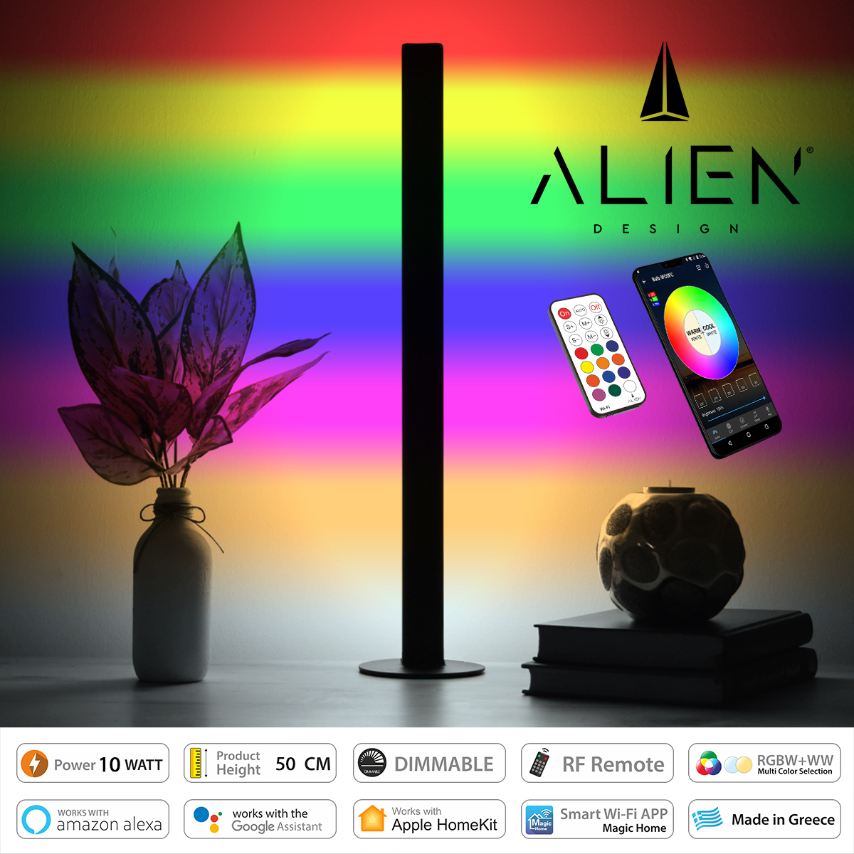 Glint® Alien Design Diva  Minimal Nordic Μεταλλικό Φωτιστικό Επιτραπέζιο - Πορτατίφ - Λαμπατέρ Μαύρο Led 10W 1500Lm Με Ασύρματο Χειριστήριο Rf & Dimmer Ip20 Πολύχρωμο Rgbw + Ww Smart Home Wi-Fi Μ3 X Π1.6 X Υ50Cm