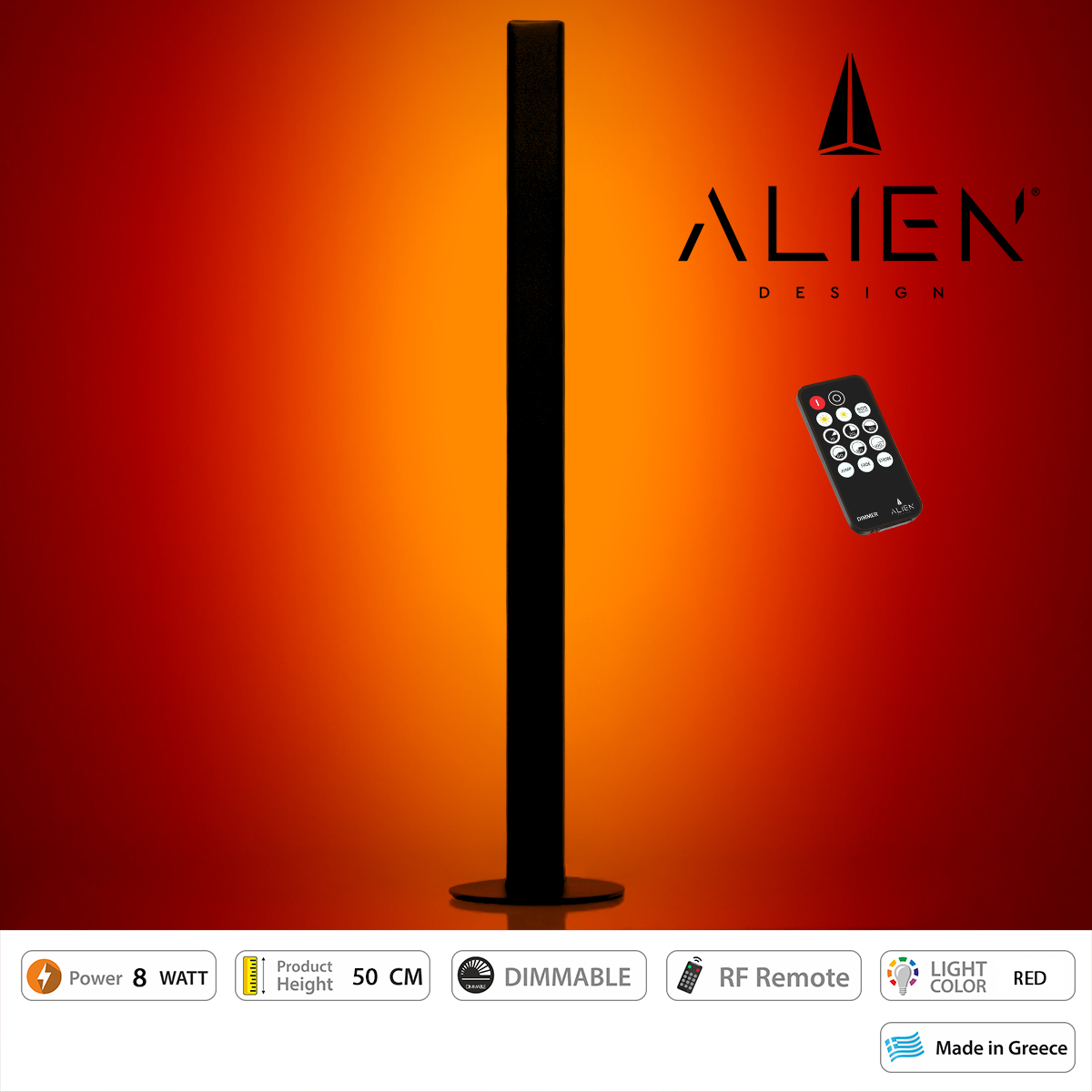 Glint® Alien Design Diva  Minimal Nordic Μεταλλικό Φωτιστικό Επιτραπέζιο - Πορτατίφ - Λαμπατέρ Μαύρο Led 8W 800Lm Με Ασύρματο Χειριστήριο Rf & Dimmer Ip20 Κόκκινο Μ3 X Π1.6 X Υ50Cm