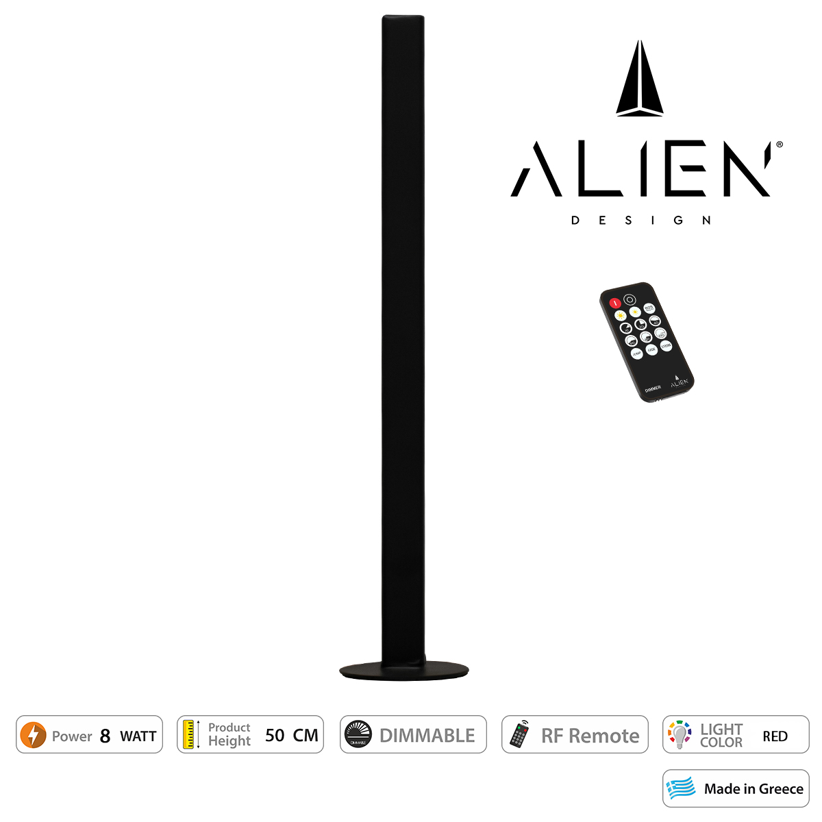 Glint® Alien Design Diva  Minimal Nordic Μεταλλικό Φωτιστικό Επιτραπέζιο - Πορτατίφ - Λαμπατέρ Μαύρο Led 8W 800Lm Με Ασύρματο Χειριστήριο Rf & Dimmer Ip20 Κόκκινο Μ3 X Π1.6 X Υ50Cm