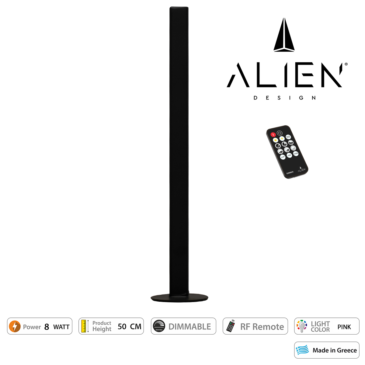 Glint® Alien Design Diva  Minimal Nordic Μεταλλικό Φωτιστικό Επιτραπέζιο - Πορτατίφ - Λαμπατέρ Μαύρο Led 8W 800 Lm Με Ασύρματο Χειριστήριο Rf & Dimmer Ip20 Ροζ Μ3 X Π1.6 X Υ50Cm