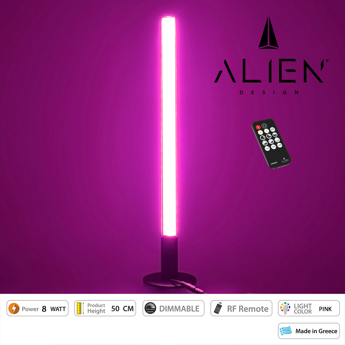 Glint® Alien Design Diva  Minimal Nordic Μεταλλικό Φωτιστικό Επιτραπέζιο - Πορτατίφ - Λαμπατέρ Μαύρο Led 8W 800 Lm Με Ασύρματο Χειριστήριο Rf & Dimmer Ip20 Ροζ Μ3 X Π1.6 X Υ50Cm