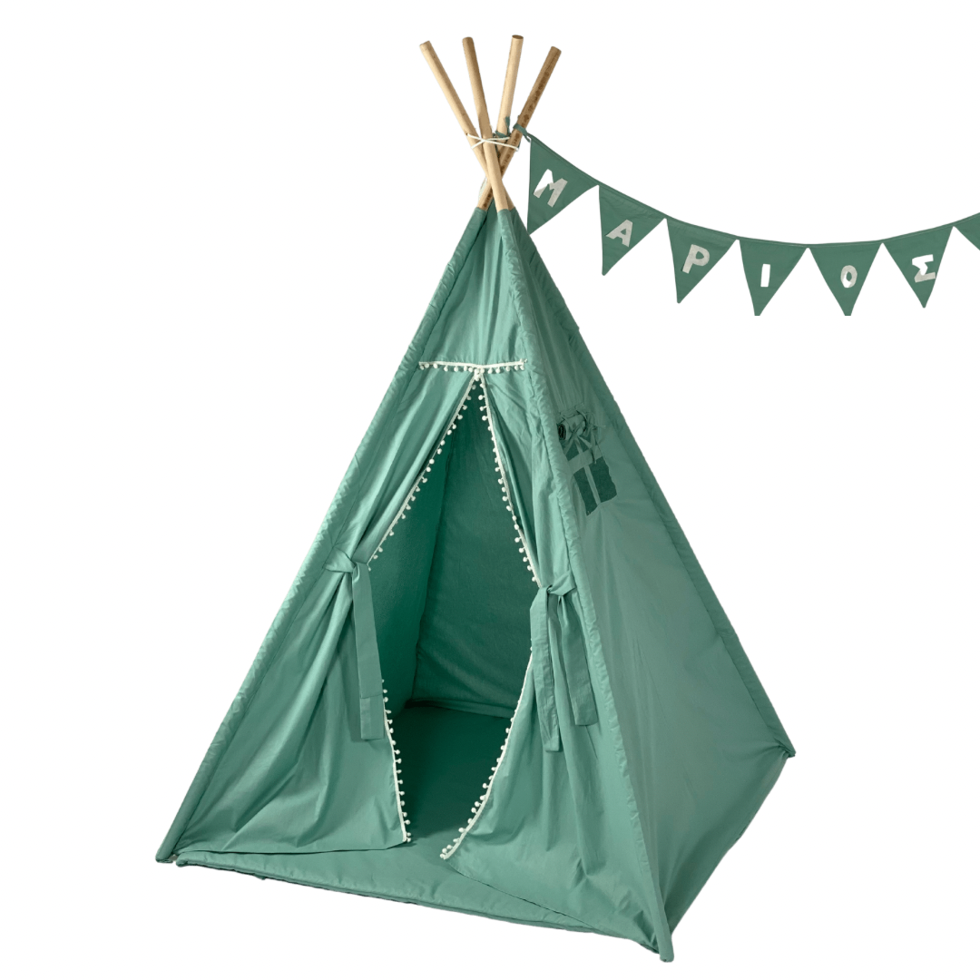 Παιδική Σκηνή Teepee Green με Γιρλάντα - Χειροποίητη - Βαμβακερή & Ευρύχωρη